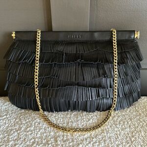 NWT Milly “Nikki” Black Fringe Clutch Gold Tone Chain